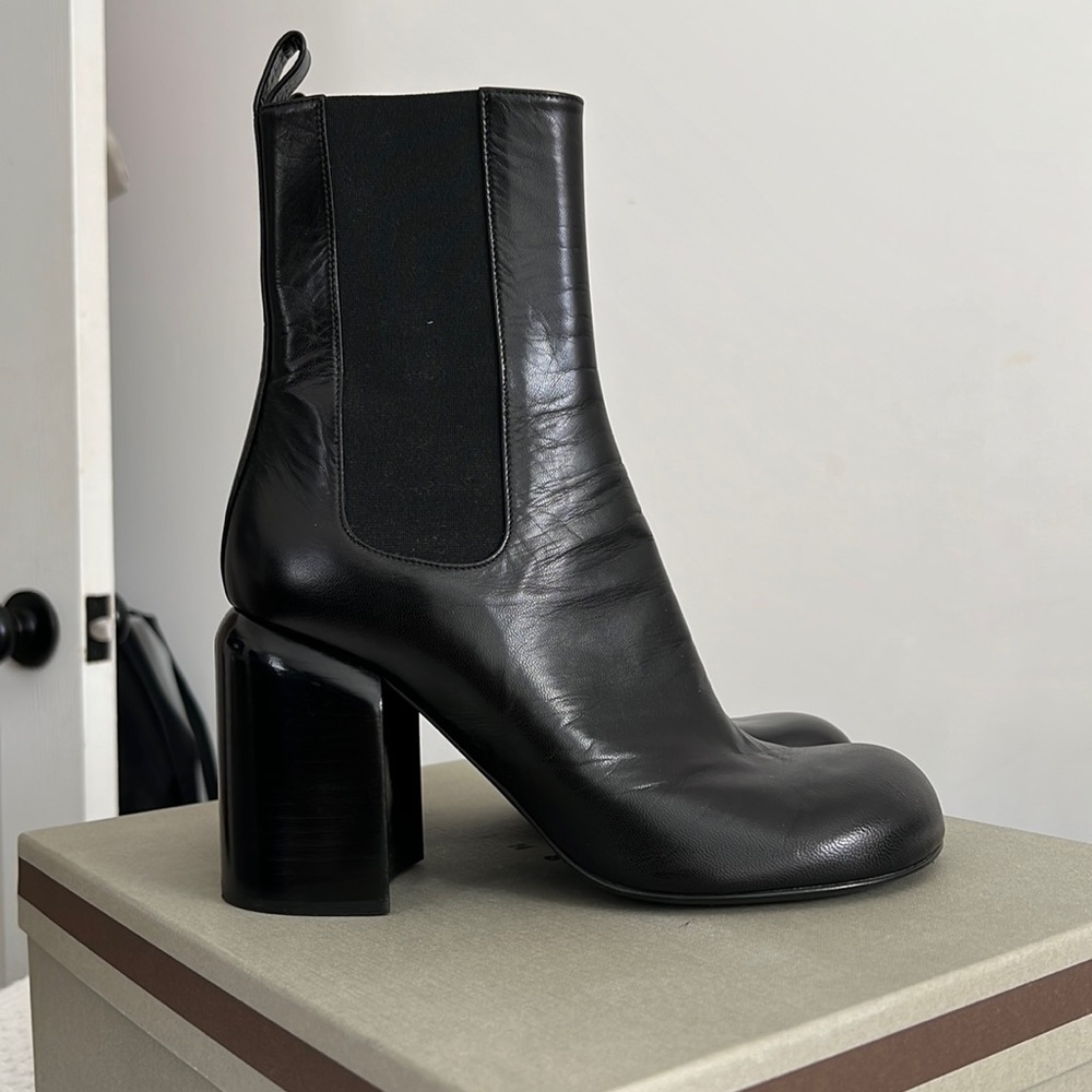 Jil Sander Black Leather block-heeled ankle boots with hand-pleated vamp